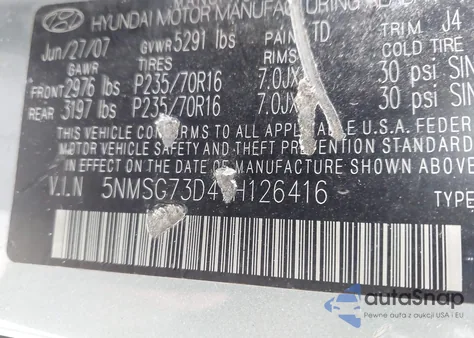 2007 Hyundai Santa Fe Gls from USA, damaged, VIN 5NMSG73D47H126416